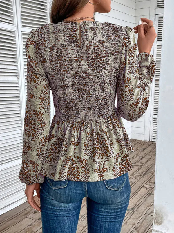 Ladies New Round Neck Elegant Slim Long Sleeve Print kakaclo