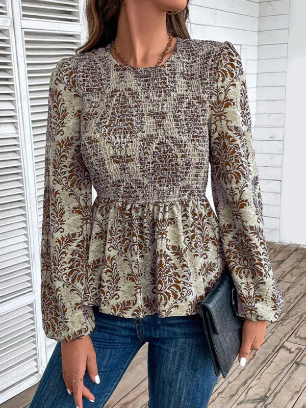 Ladies New Round Neck Elegant Slim Long Sleeve Print kakaclo