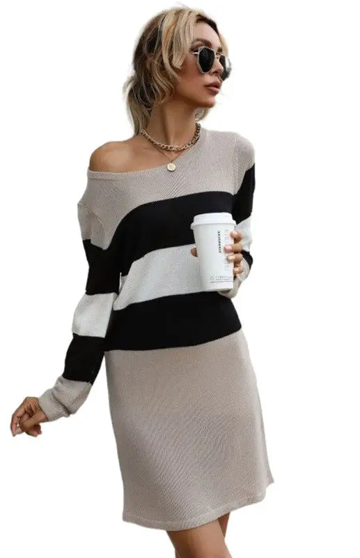 Ladies Round Neck Pullover Color Block Sweater Dress BLUE ZONE PLANET