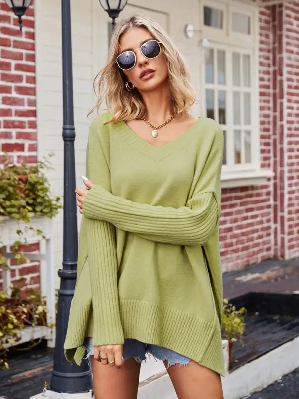 Ladies V Neck Plus Size Fashion Knit Sexy Pullover Sweater kakaclo