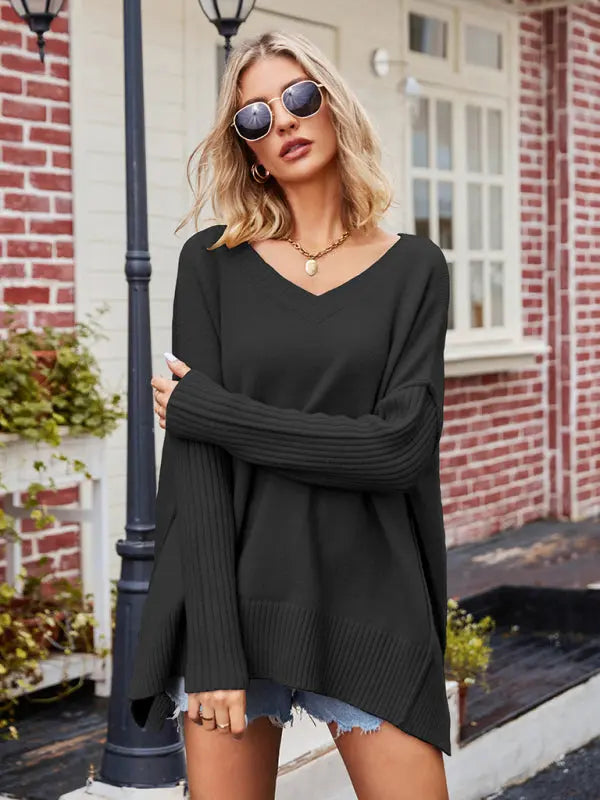 Ladies V Neck Plus Size Fashion Knit Sexy Pullover Sweater kakaclo