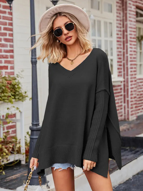 Ladies V Neck Plus Size Fashion Knit Sexy Pullover Sweater kakaclo
