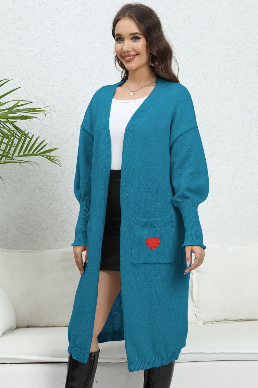 Lantern Sleeve Open Front Pocketed Cardigan BLUE ZONE PLANET