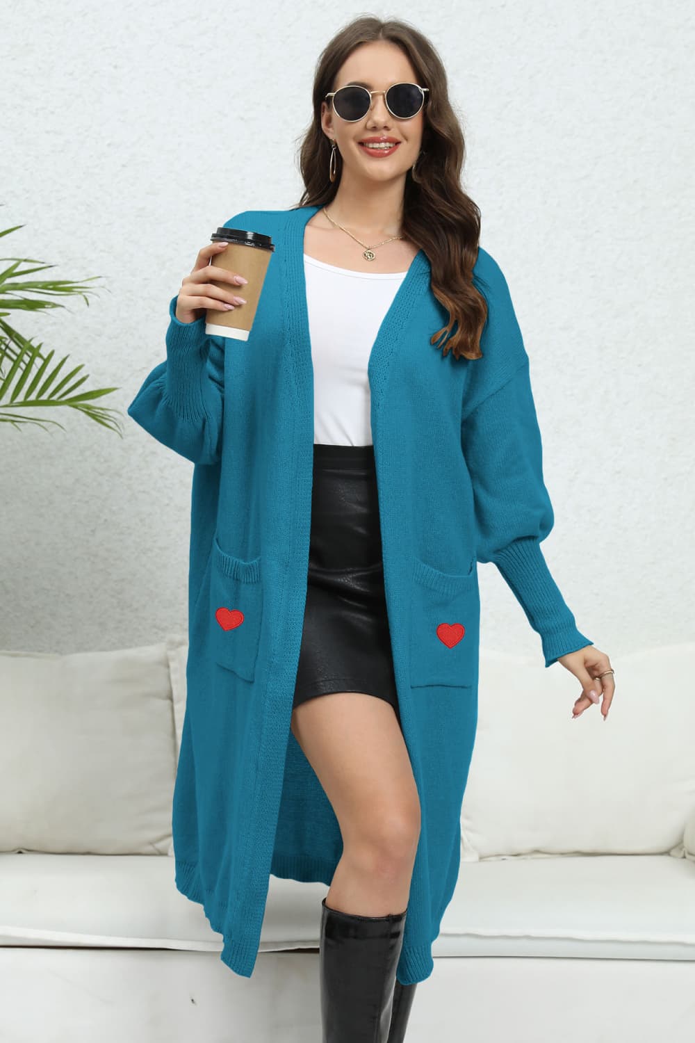 Lantern Sleeve Open Front Pocketed Cardigan BLUE ZONE PLANET