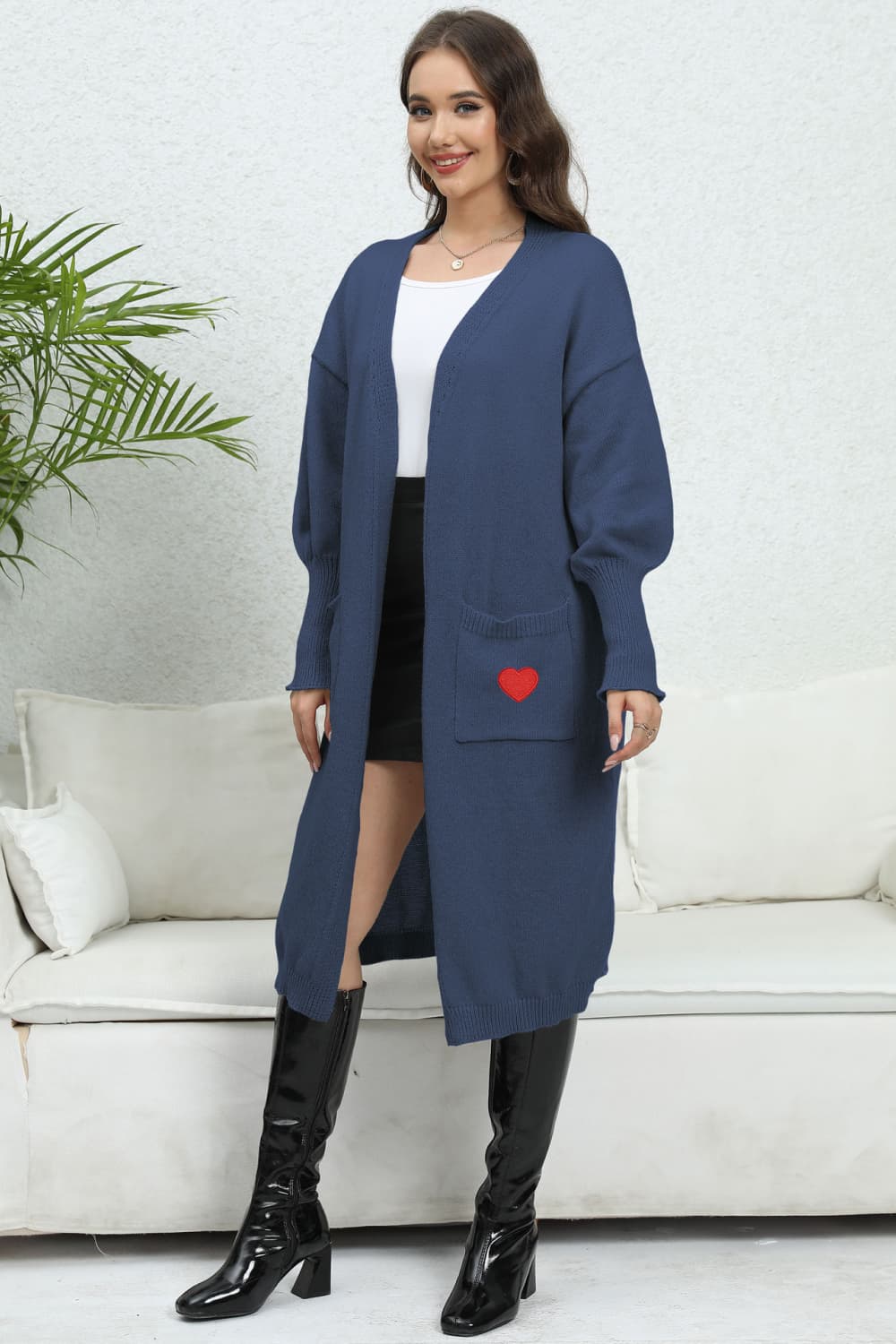 Lantern Sleeve Open Front Pocketed Cardigan BLUE ZONE PLANET