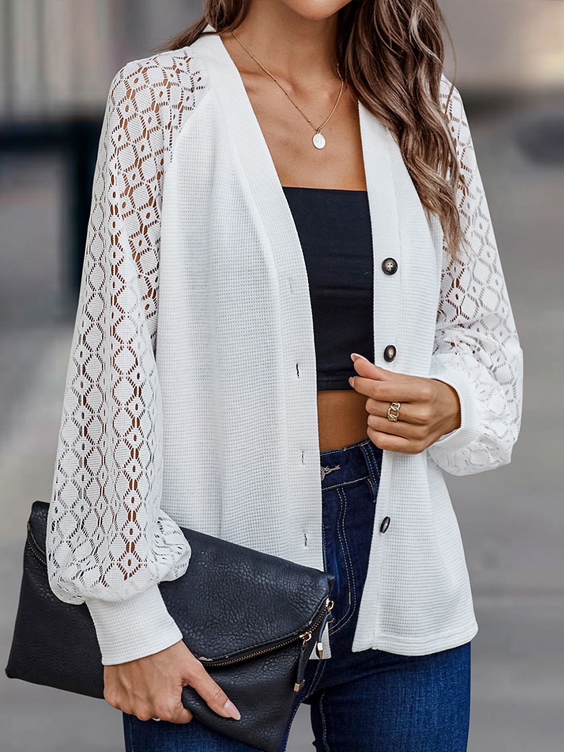 Lantern Sleeve V-Neck Button-Down Cardigan BLUE ZONE PLANET
