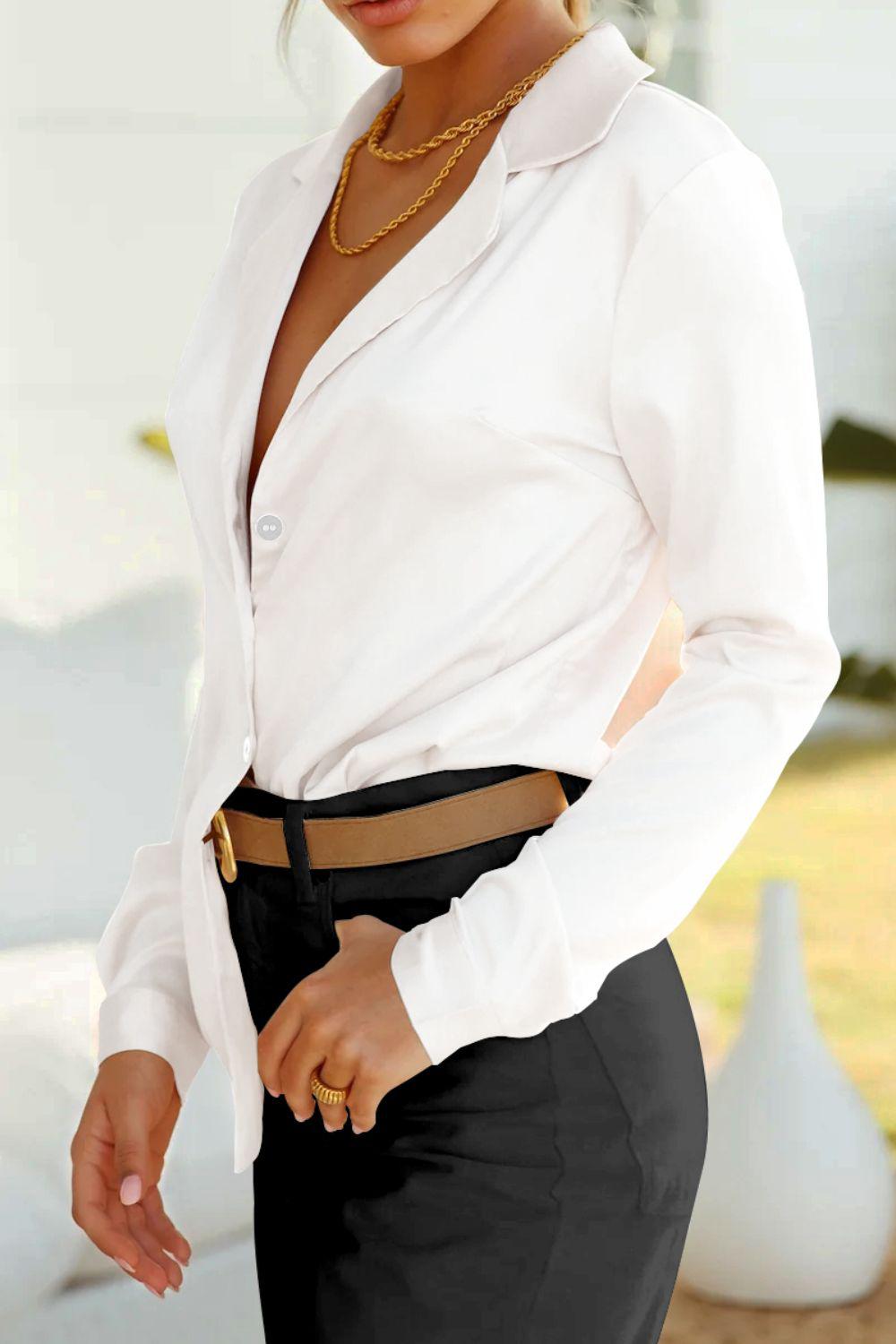 Lapel Collar Buttoned Puff Sleeve Shirt BLUE ZONE PLANET