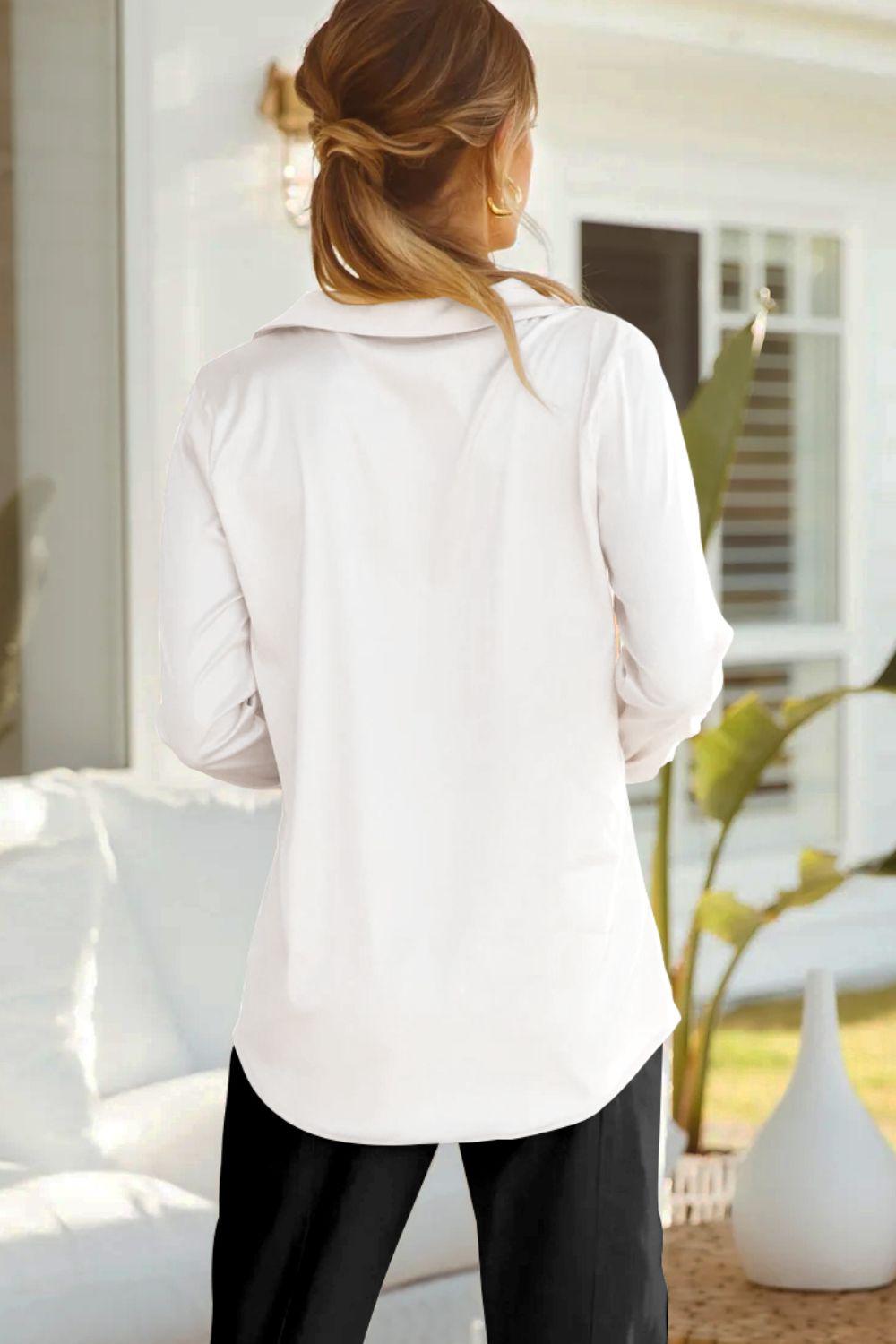 Lapel Collar Buttoned Puff Sleeve Shirt BLUE ZONE PLANET
