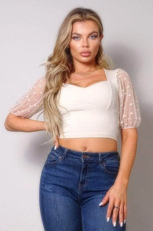 Late Night Polka Dot Mesh Sleeve Top Blue Zone Planet