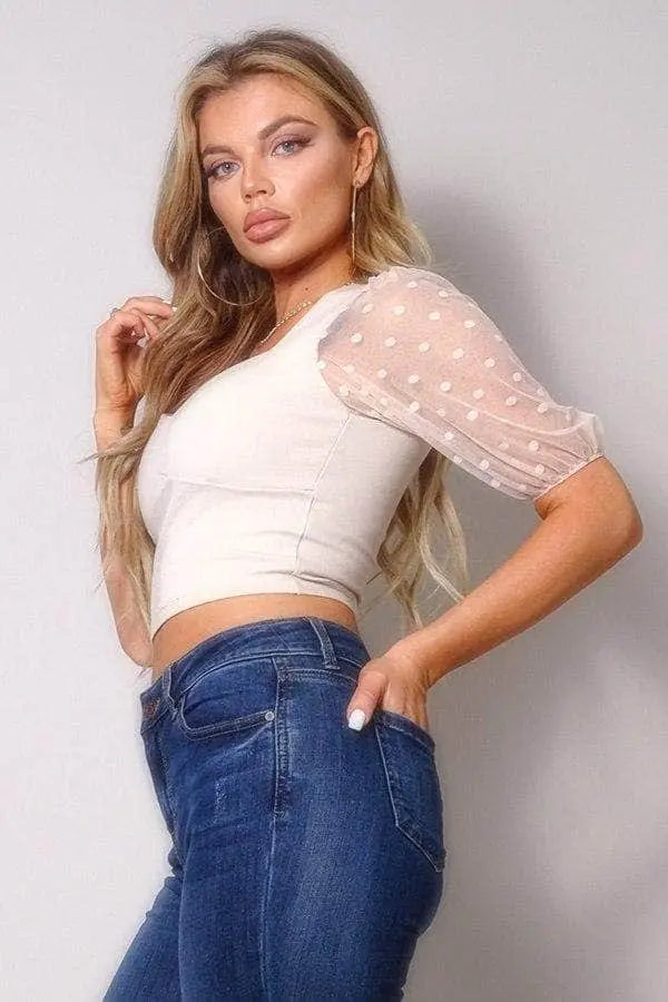 Late Night Polka Dot Mesh Sleeve Top Blue Zone Planet