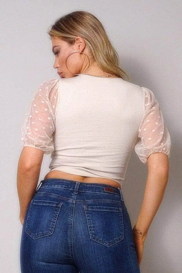 Late Night Polka Dot Mesh Sleeve Top Blue Zone Planet