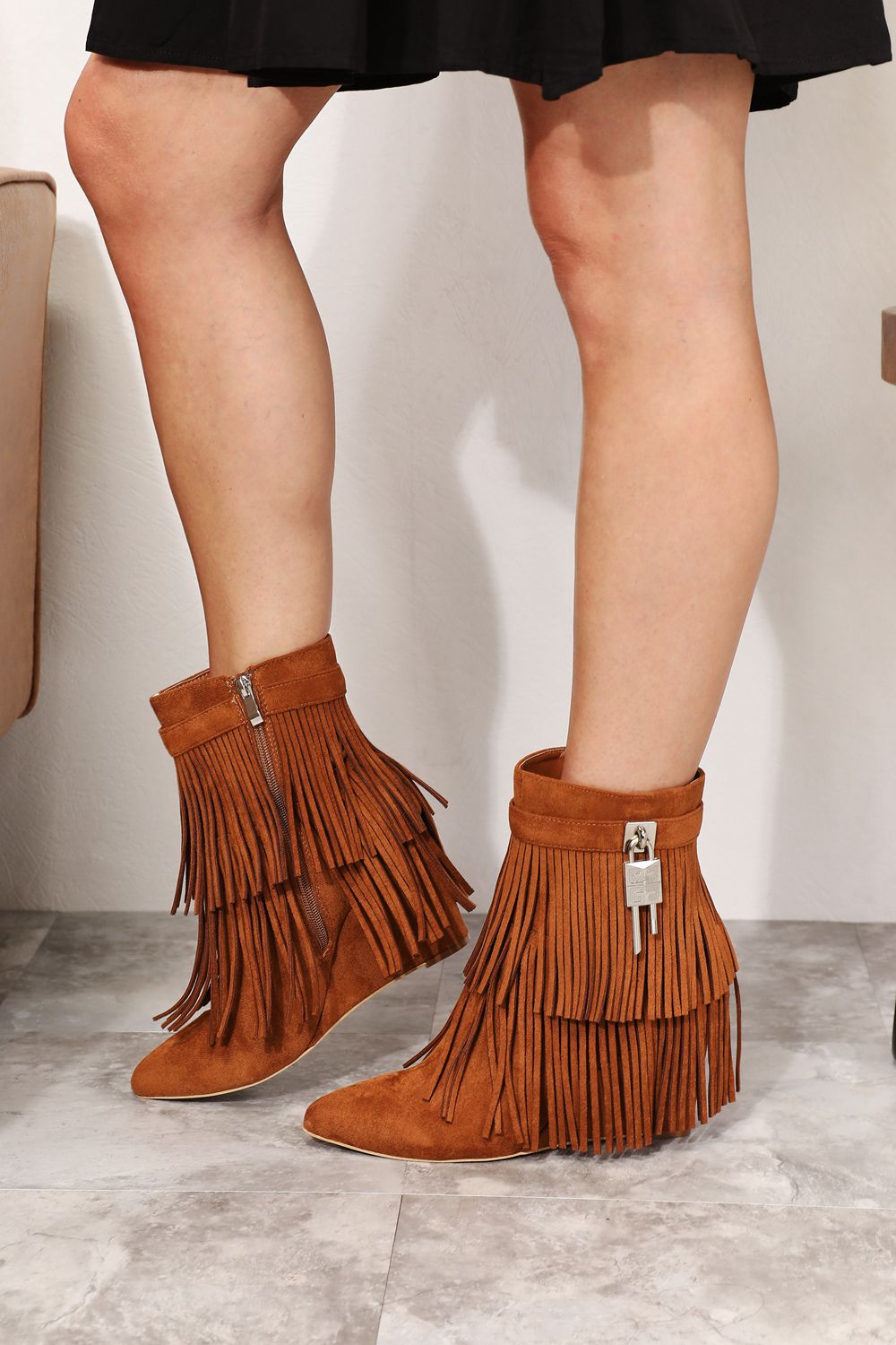 Legend Women's Tassel Wedge Heel Ankle Booties BLUE ZONE PLANET