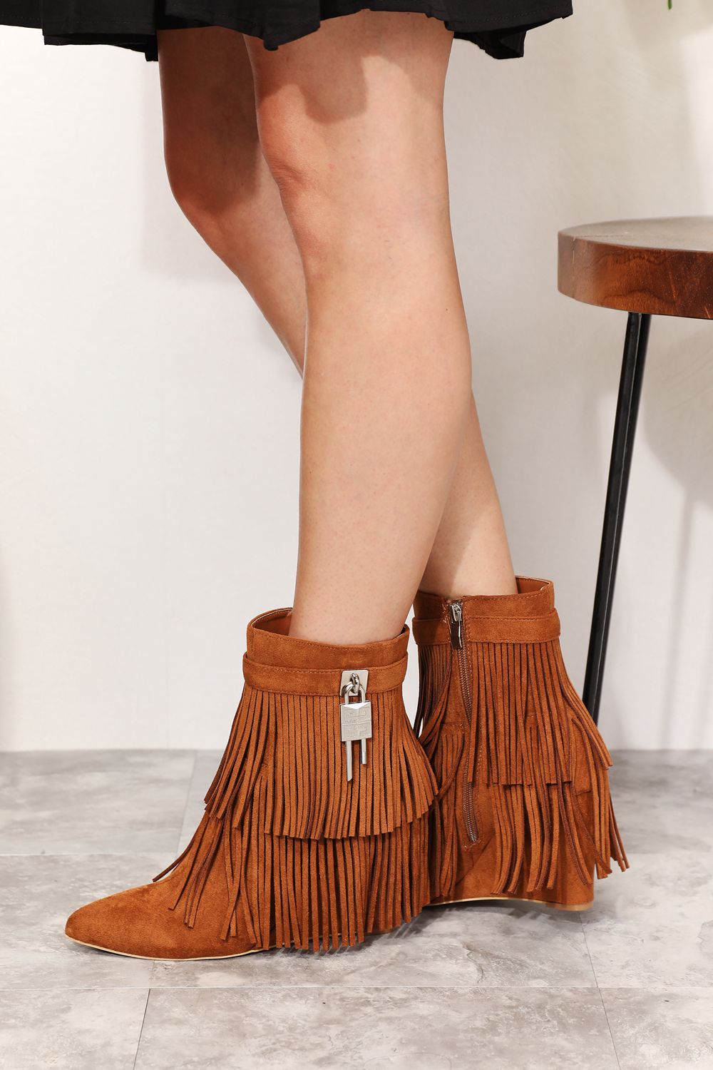 Legend Women's Tassel Wedge Heel Ankle Booties BLUE ZONE PLANET