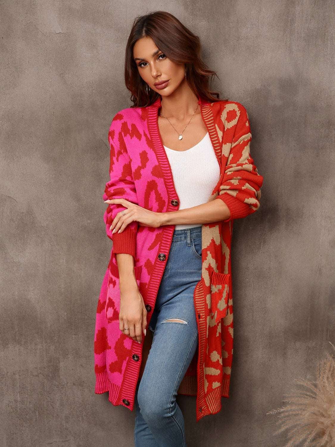 Leopard Button Down Longline Cardigan BLUE ZONE PLANET