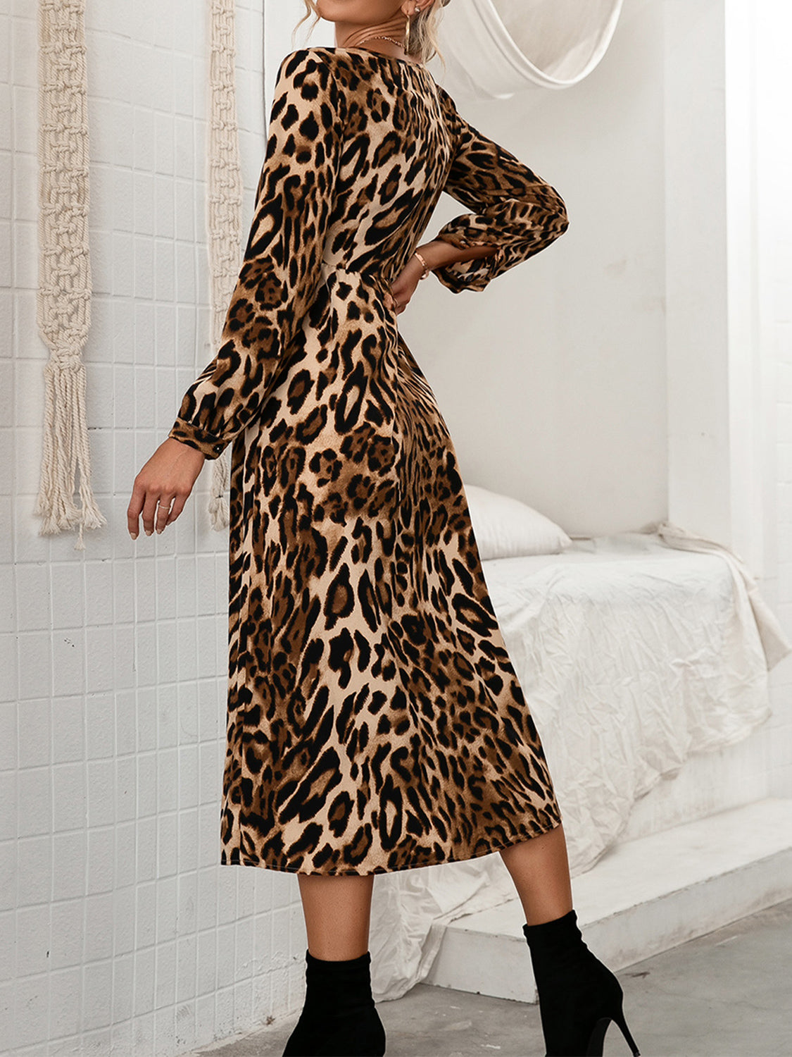 Leopard Button Down V-Neck Dress BLUE ZONE PLANET