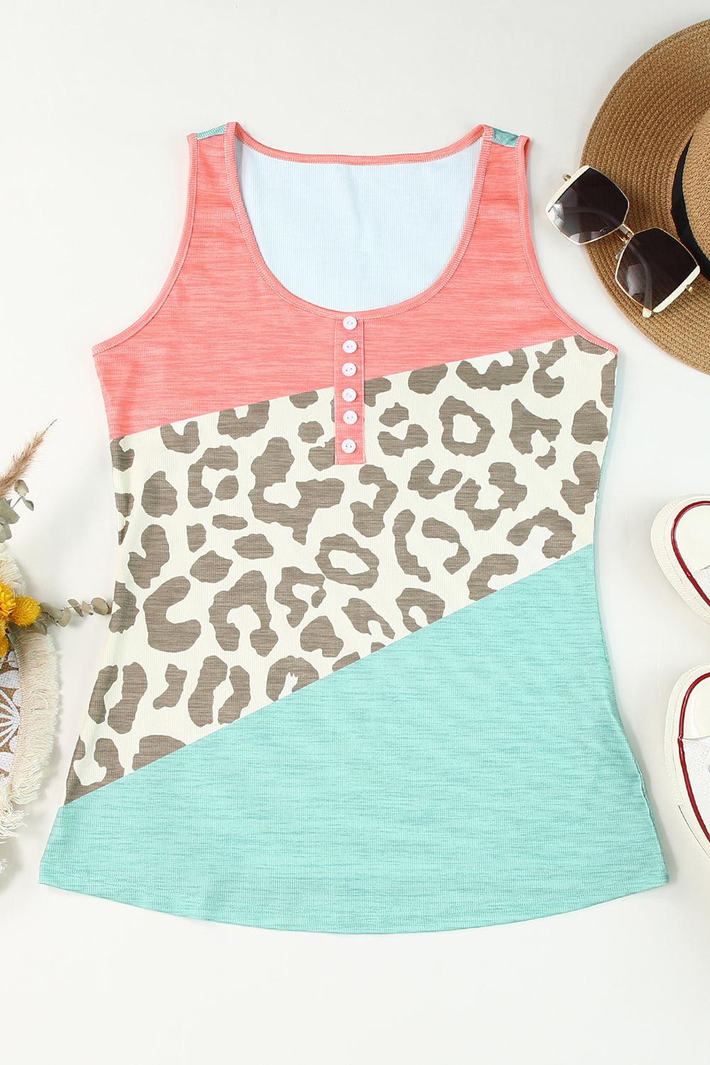 Leopard Color Block Decorative Button Tank BLUE ZONE PLANET