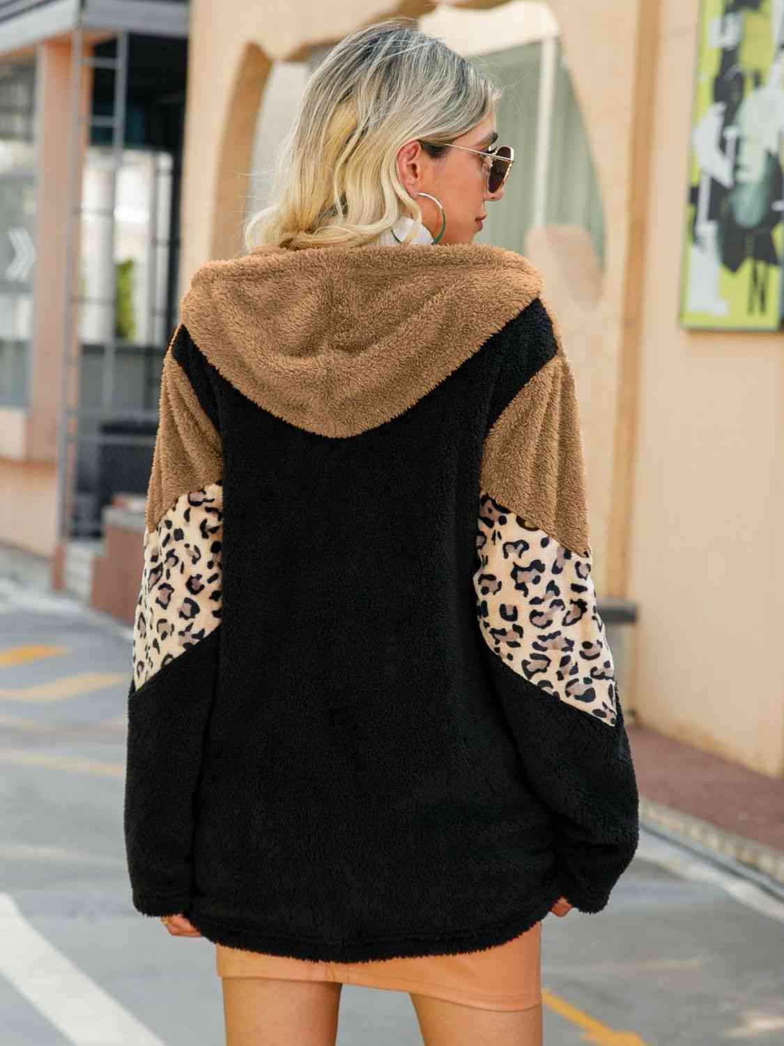 Leopard Color Block Hooded Teddy Jacket BLUE ZONE PLANET
