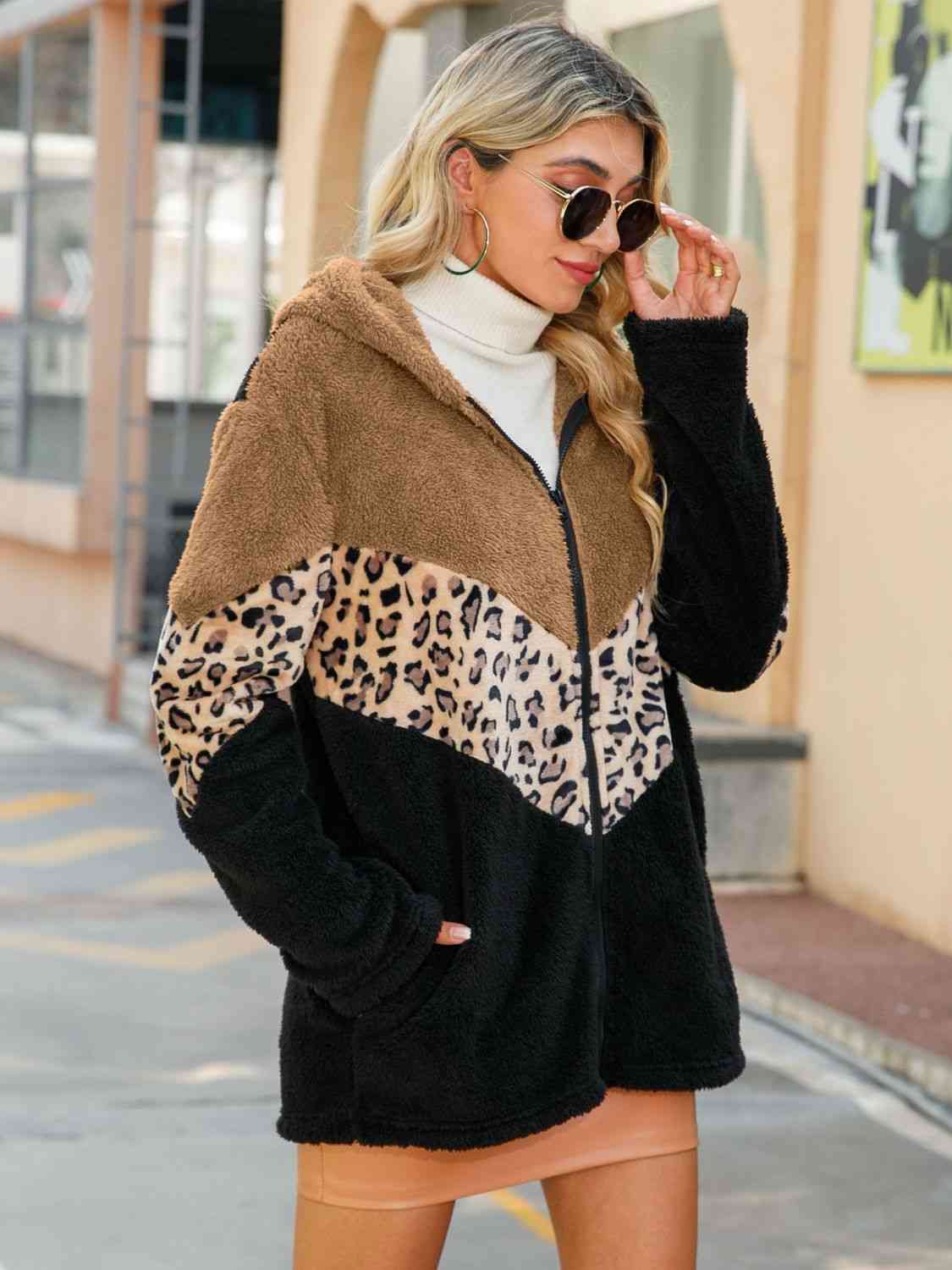 Leopard Color Block Hooded Teddy Jacket BLUE ZONE PLANET