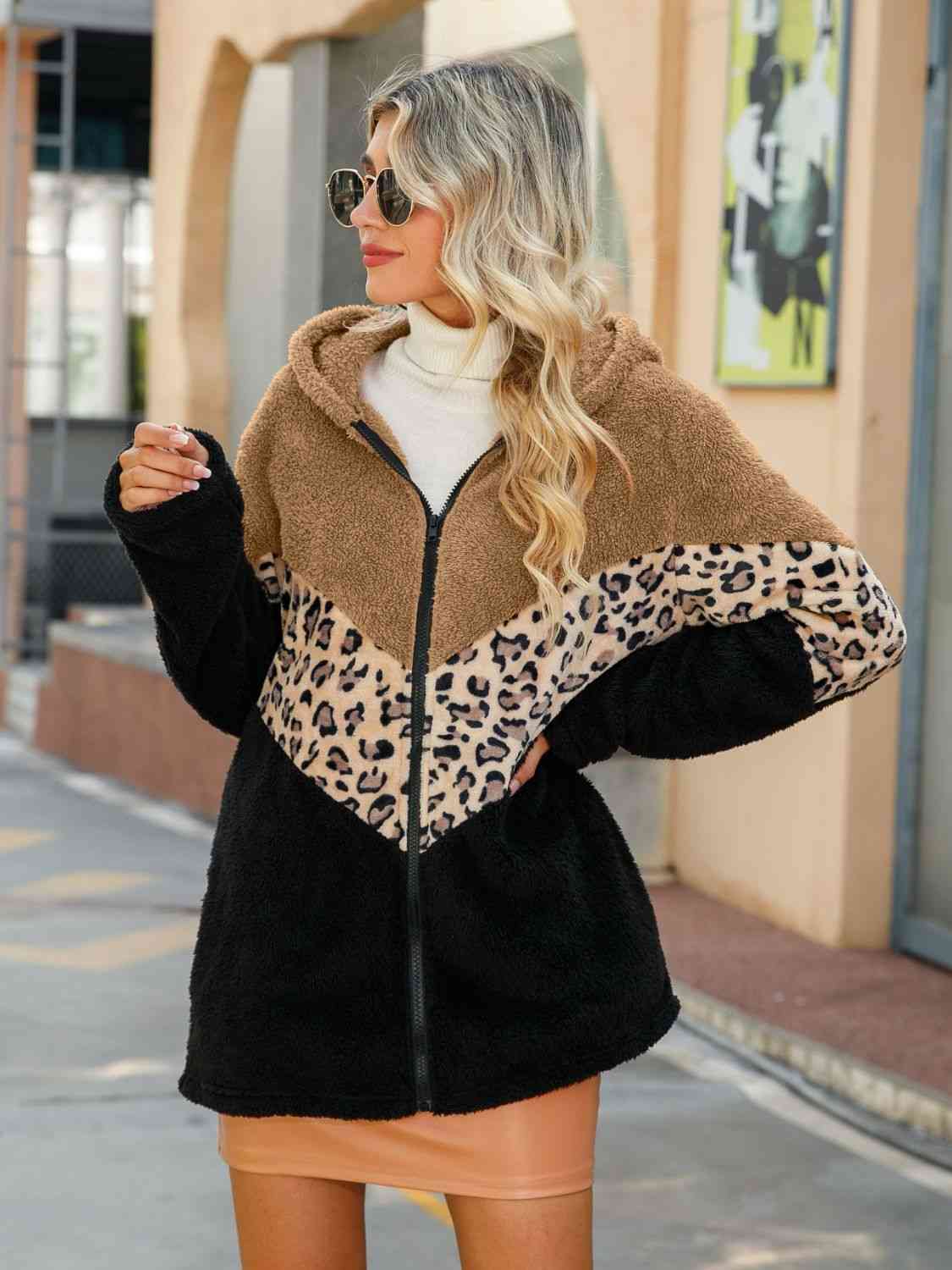Leopard Color Block Hooded Teddy Jacket BLUE ZONE PLANET
