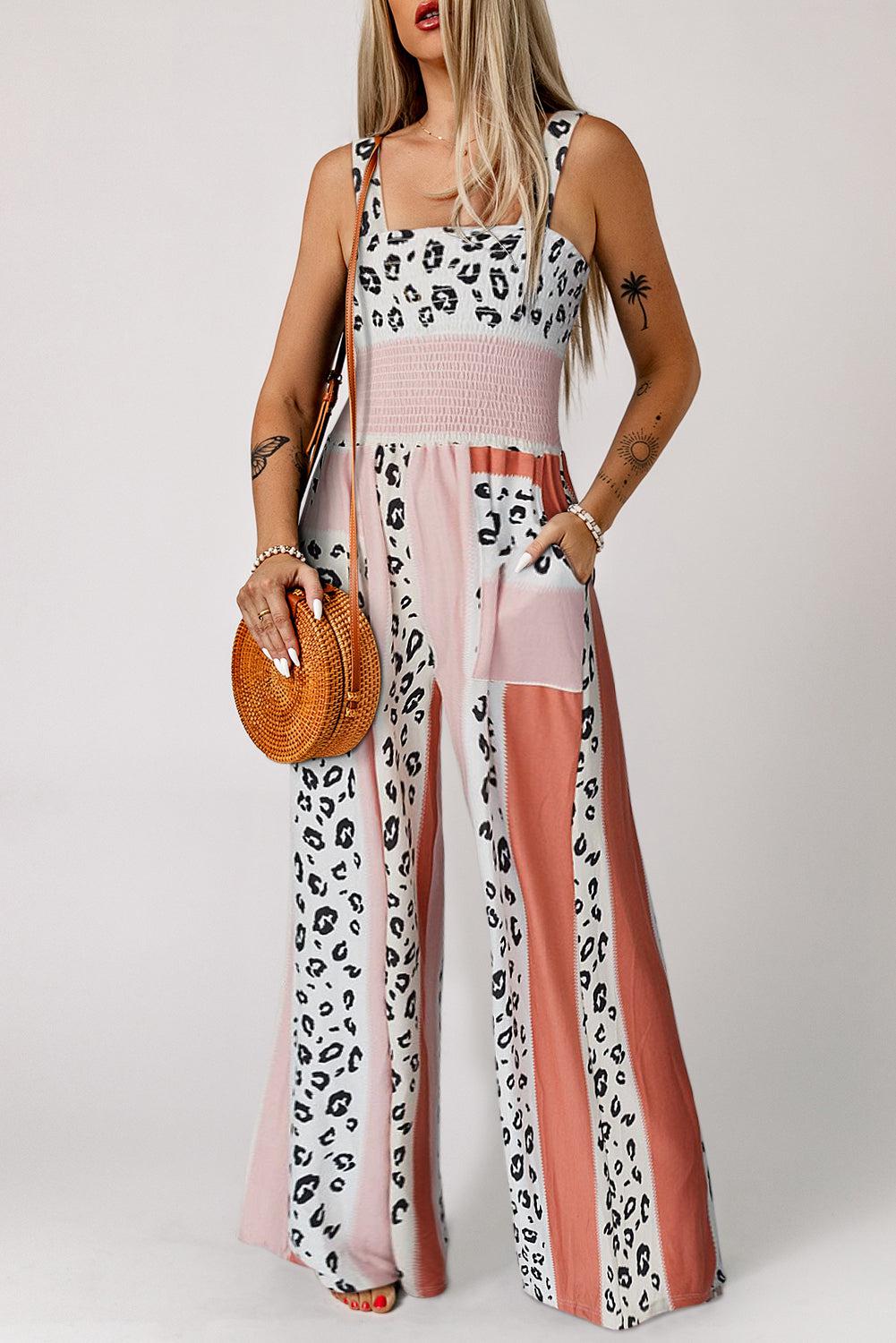 Leopard Color Block Smocked Jumpsuit BLUE ZONE PLANET