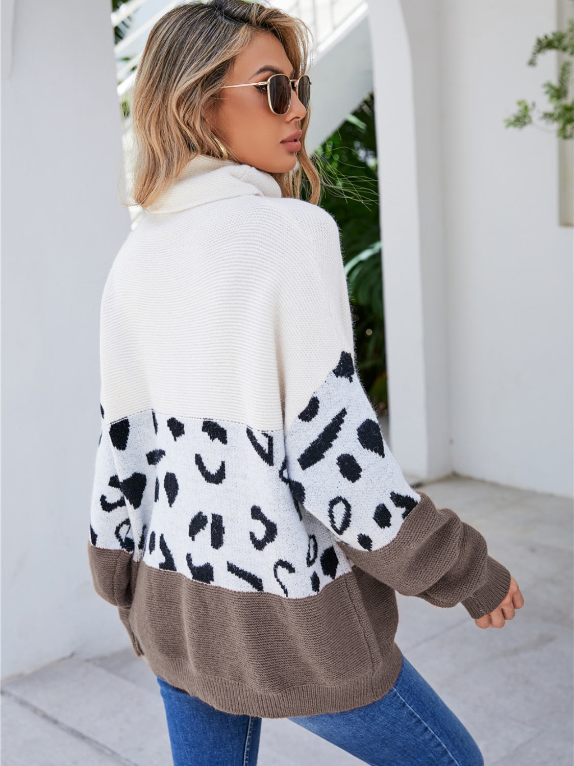Leopard Color Block Turtleneck Sweater BLUE ZONE PLANET