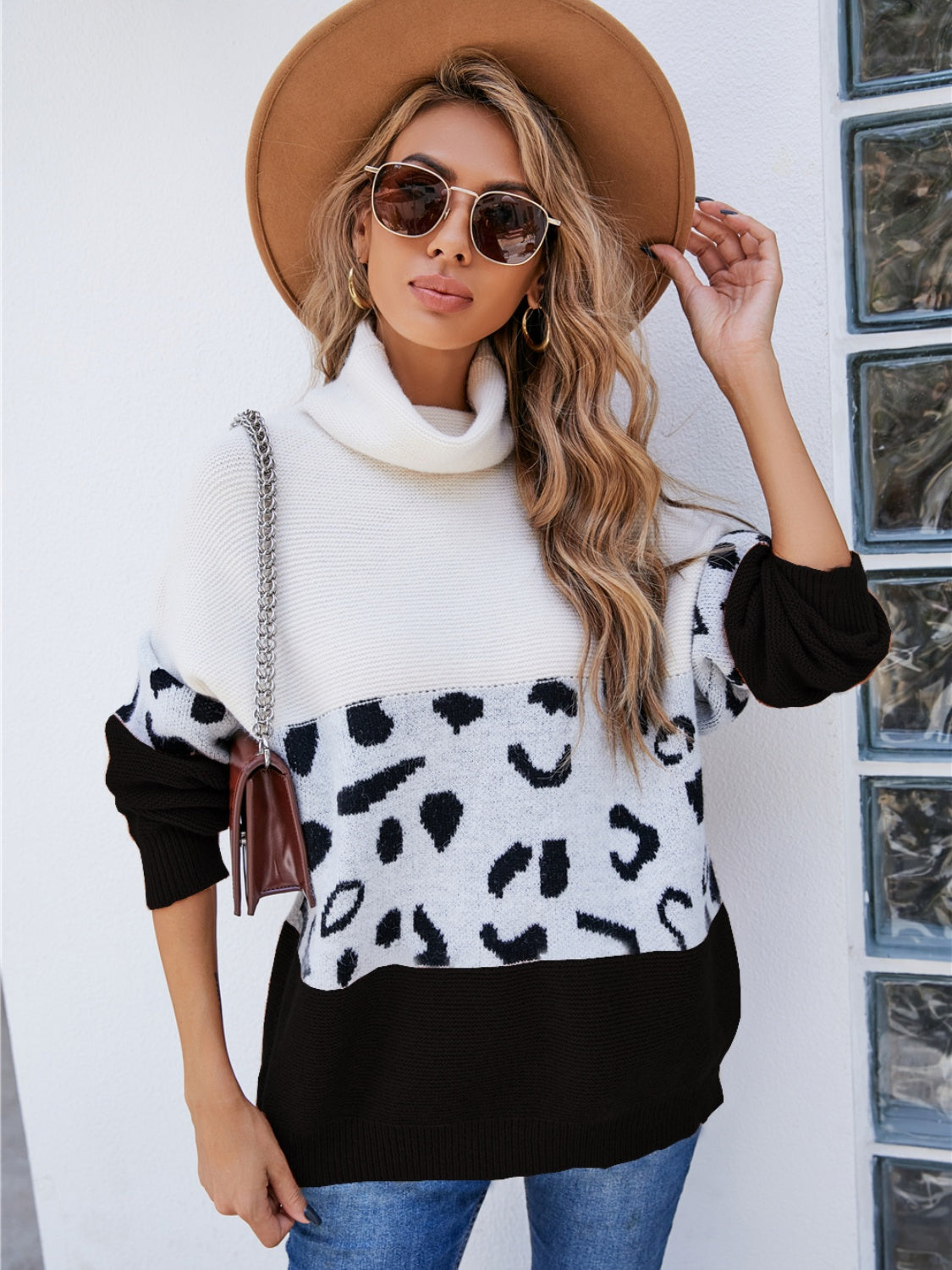 Leopard Color Block Turtleneck Sweater BLUE ZONE PLANET