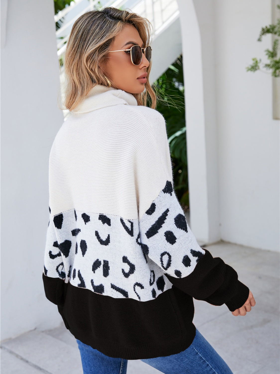Leopard Color Block Turtleneck Sweater BLUE ZONE PLANET