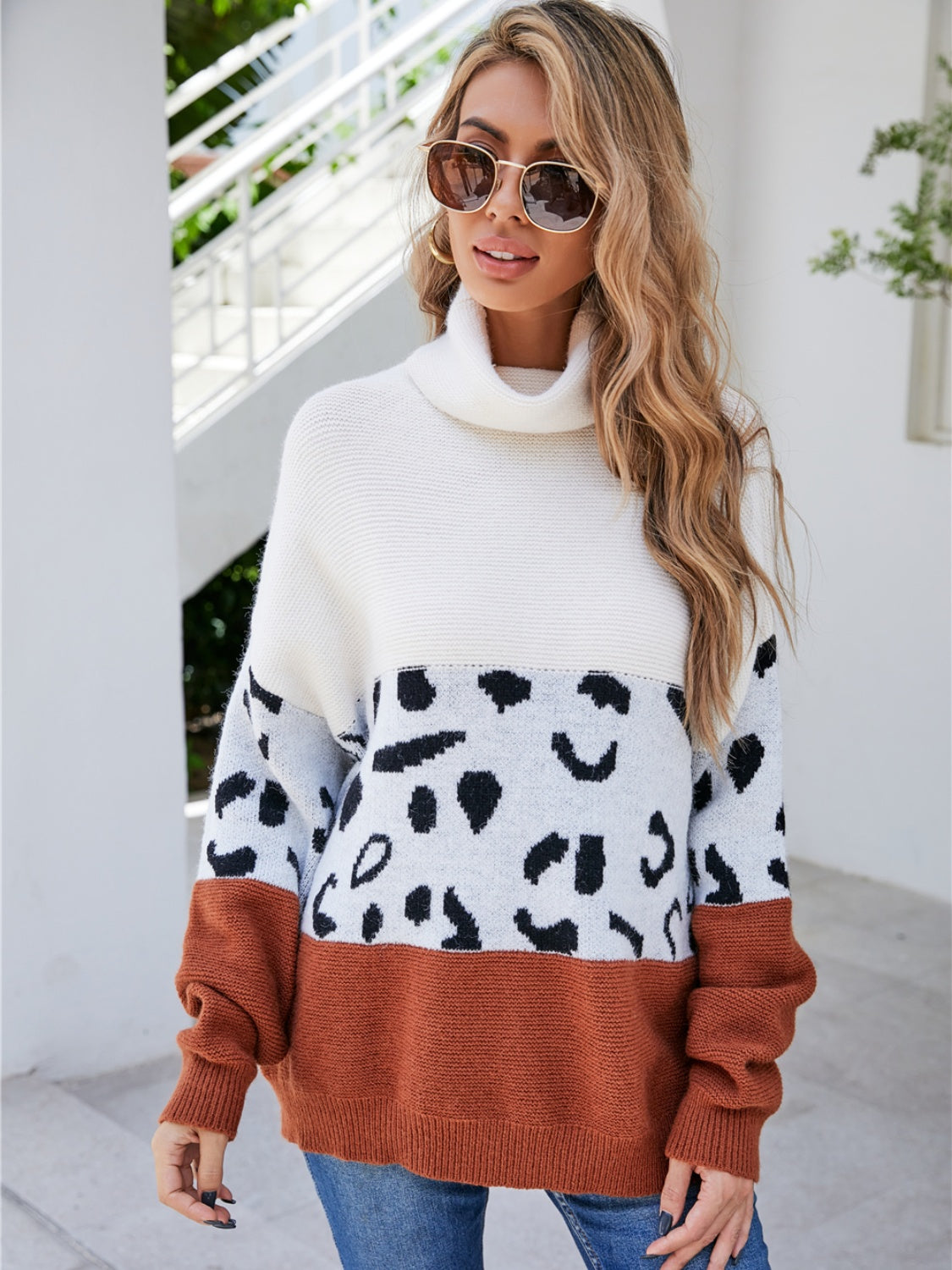 Leopard Color Block Turtleneck Sweater BLUE ZONE PLANET