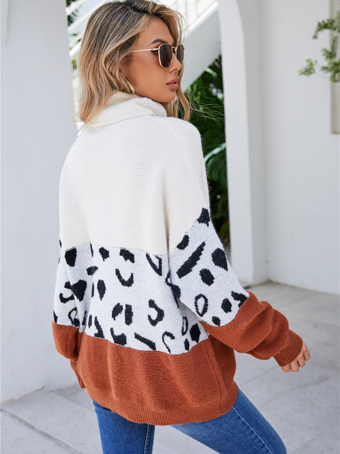 Leopard Color Block Turtleneck Sweater BLUE ZONE PLANET