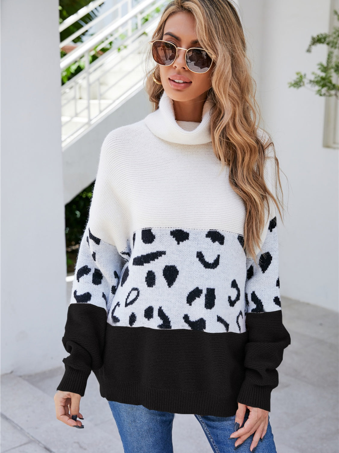 Leopard Color Block Turtleneck Sweater BLUE ZONE PLANET