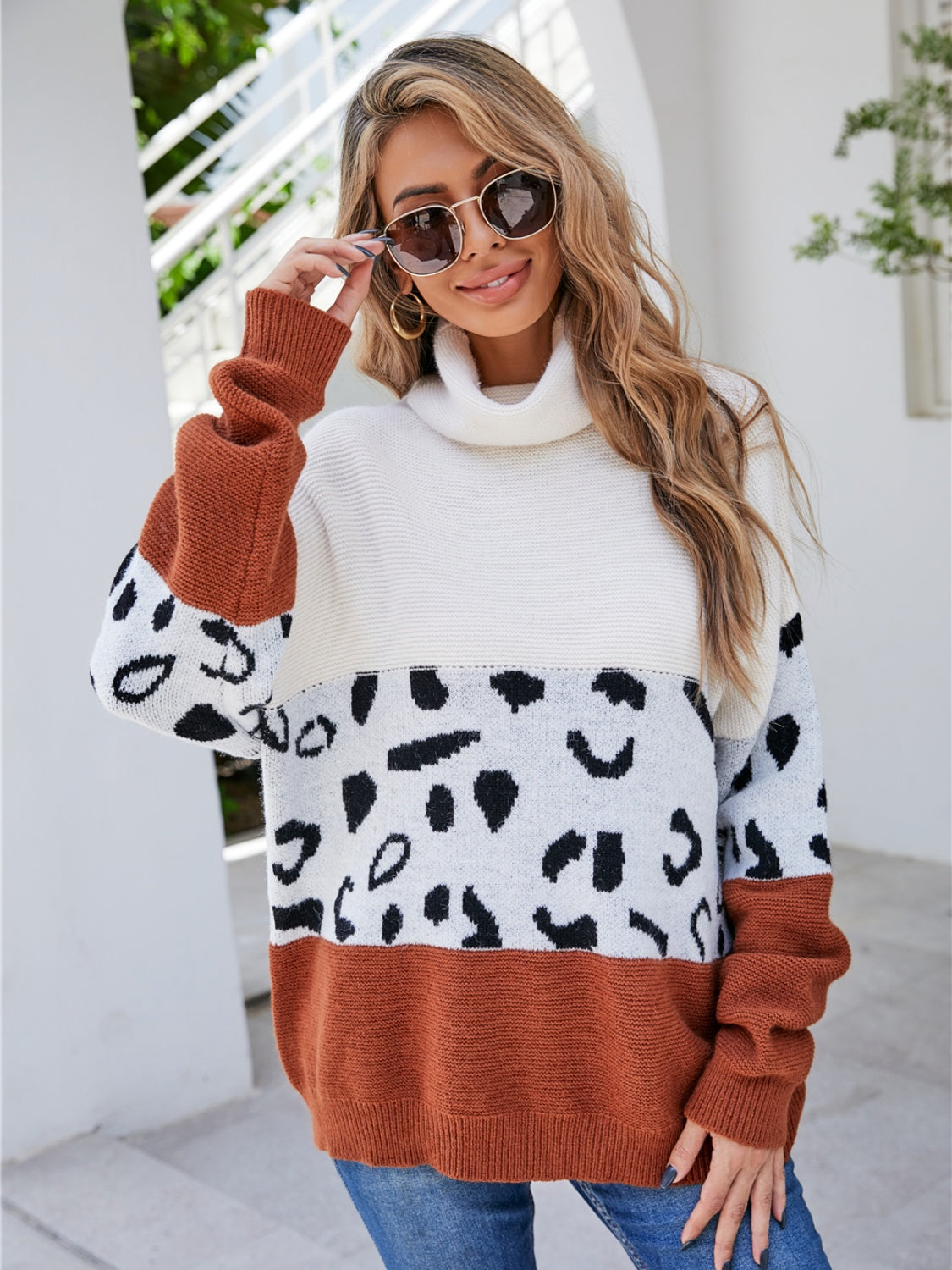 Leopard Color Block Turtleneck Sweater BLUE ZONE PLANET