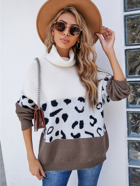 Leopard Color Block Turtleneck Sweater BLUE ZONE PLANET