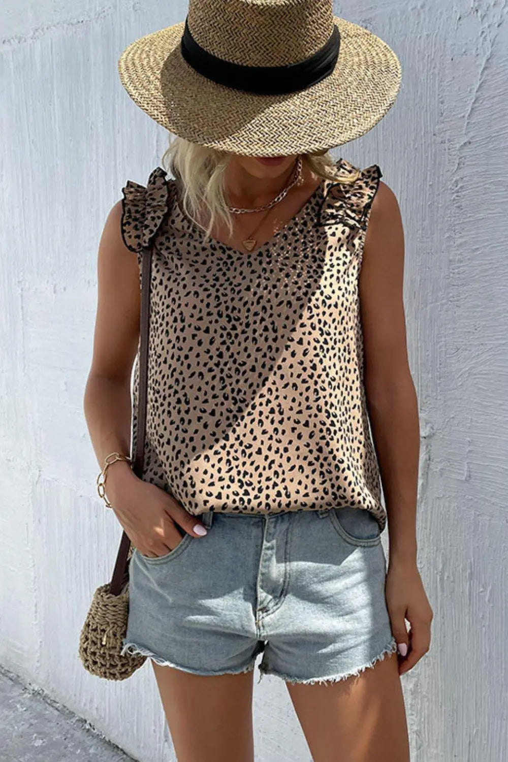 Leopard Frill Trim V-Neck Tank BLUE ZONE PLANET