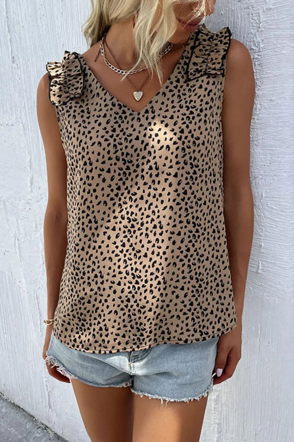 Leopard Frill Trim V-Neck Tank BLUE ZONE PLANET