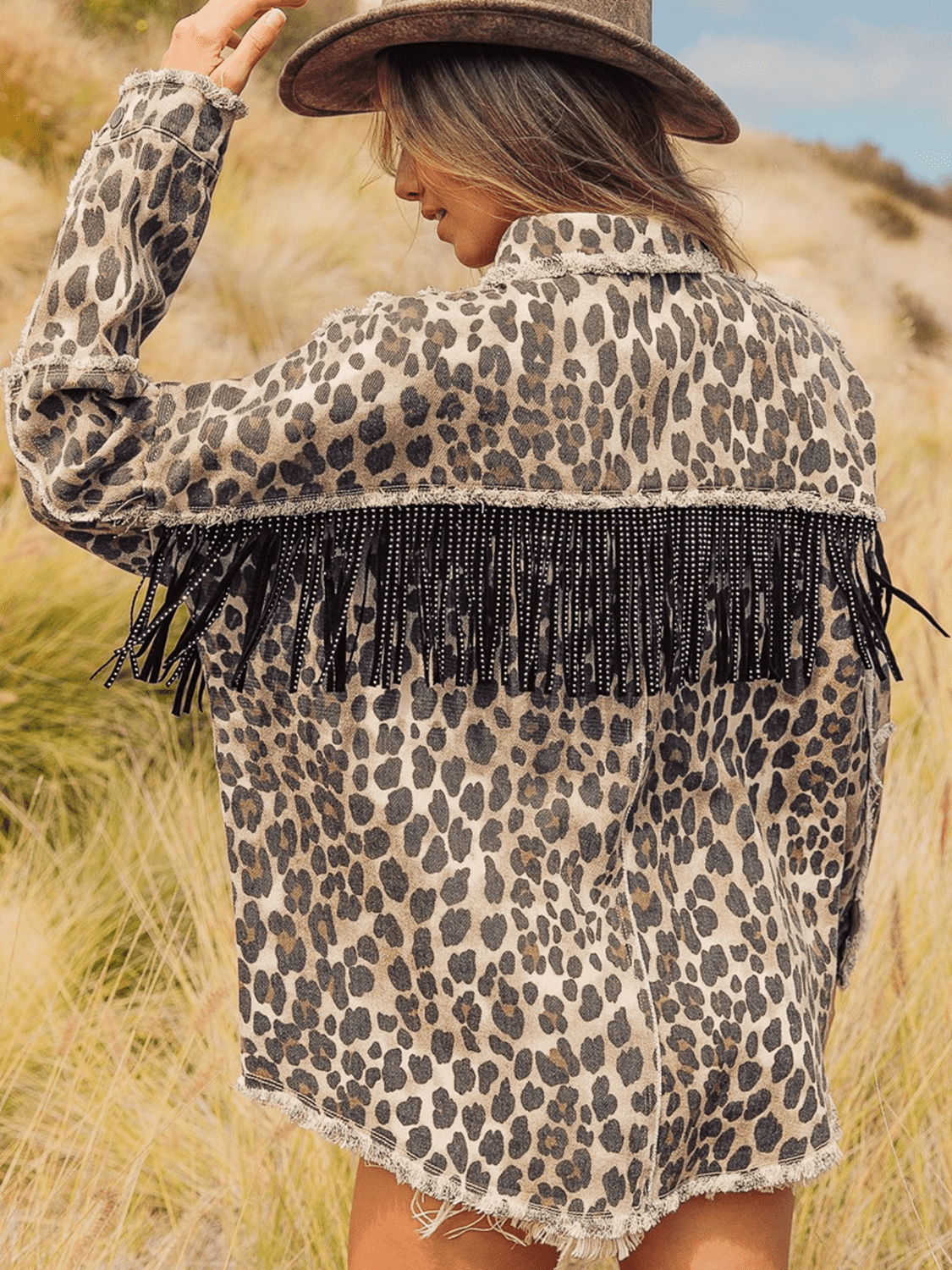 Leopard Fringe Detail Collared Neck Denim Jacket BLUE ZONE PLANET