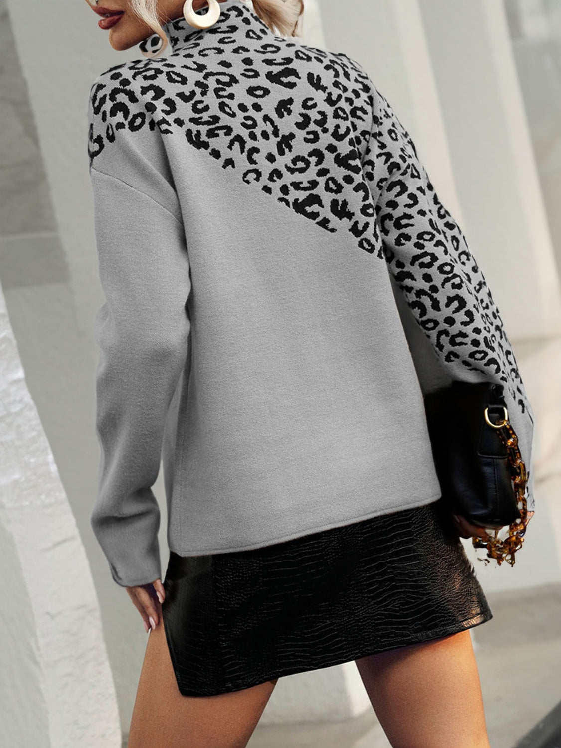 Leopard Mock Neck Dropped Shoulder Sweater BLUE ZONE PLANET