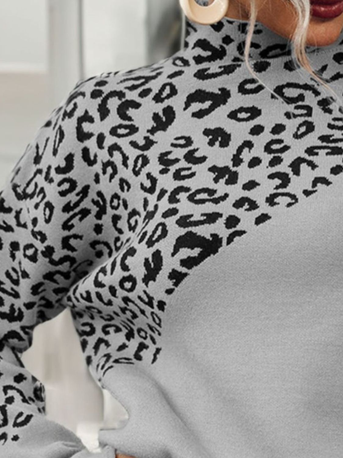 Leopard Mock Neck Dropped Shoulder Sweater BLUE ZONE PLANET