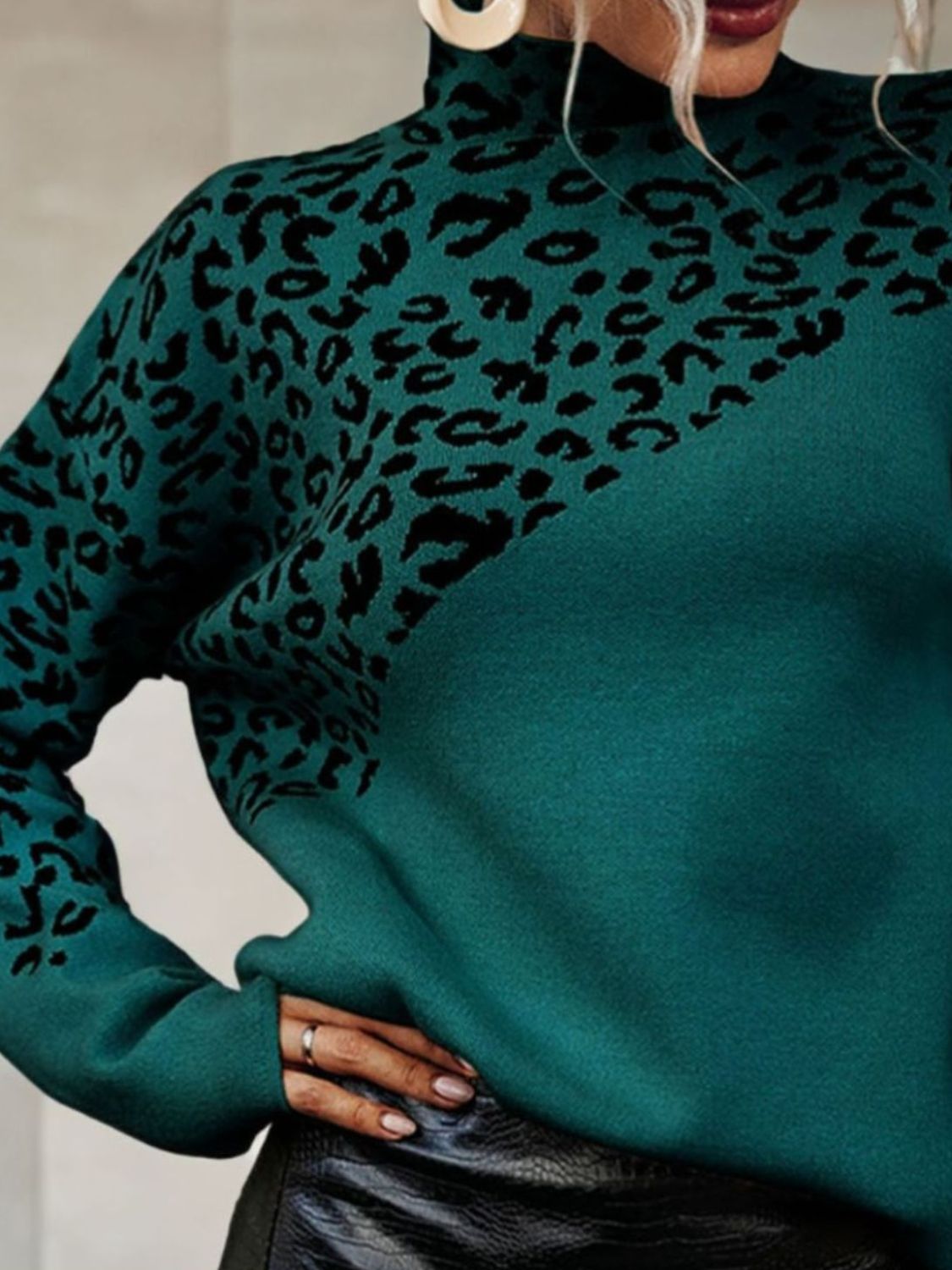 Leopard Mock Neck Dropped Shoulder Sweater BLUE ZONE PLANET