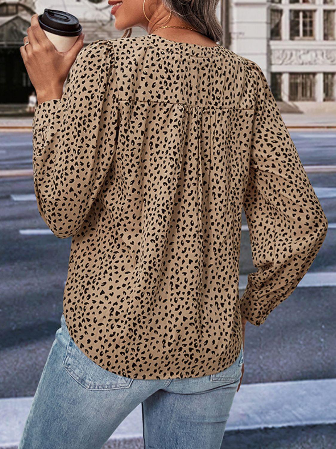 Leopard Notched Neck Puff Sleeve Blouse BLUE ZONE PLANET