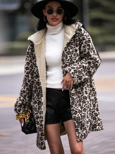 Leopard Print Hooded Teddy Coat BLUE ZONE PLANET