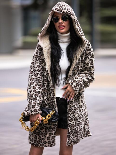 Leopard Print Hooded Teddy Coat BLUE ZONE PLANET