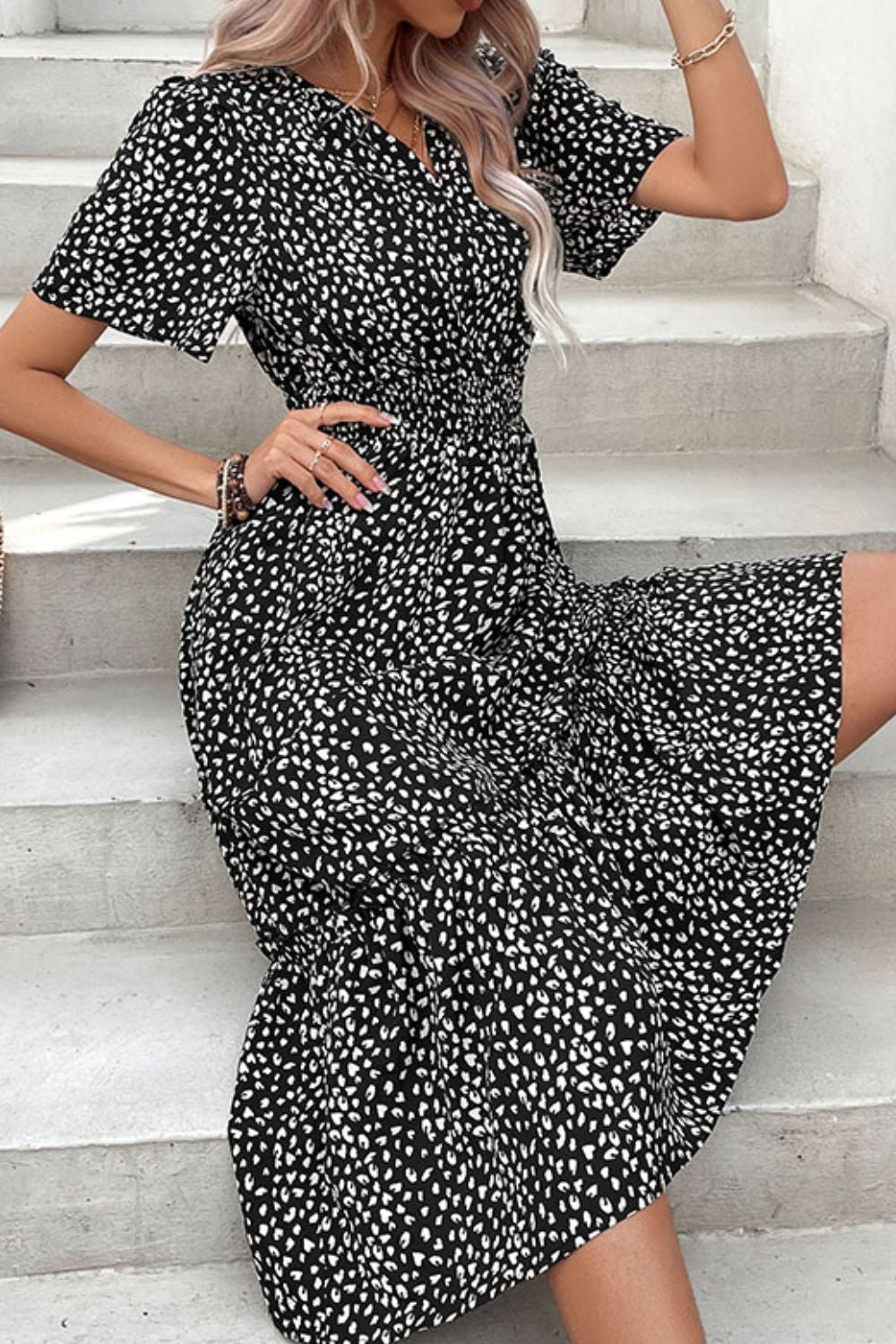 Leopard Print Short Sleeve Midi Dress BLUE ZONE PLANET