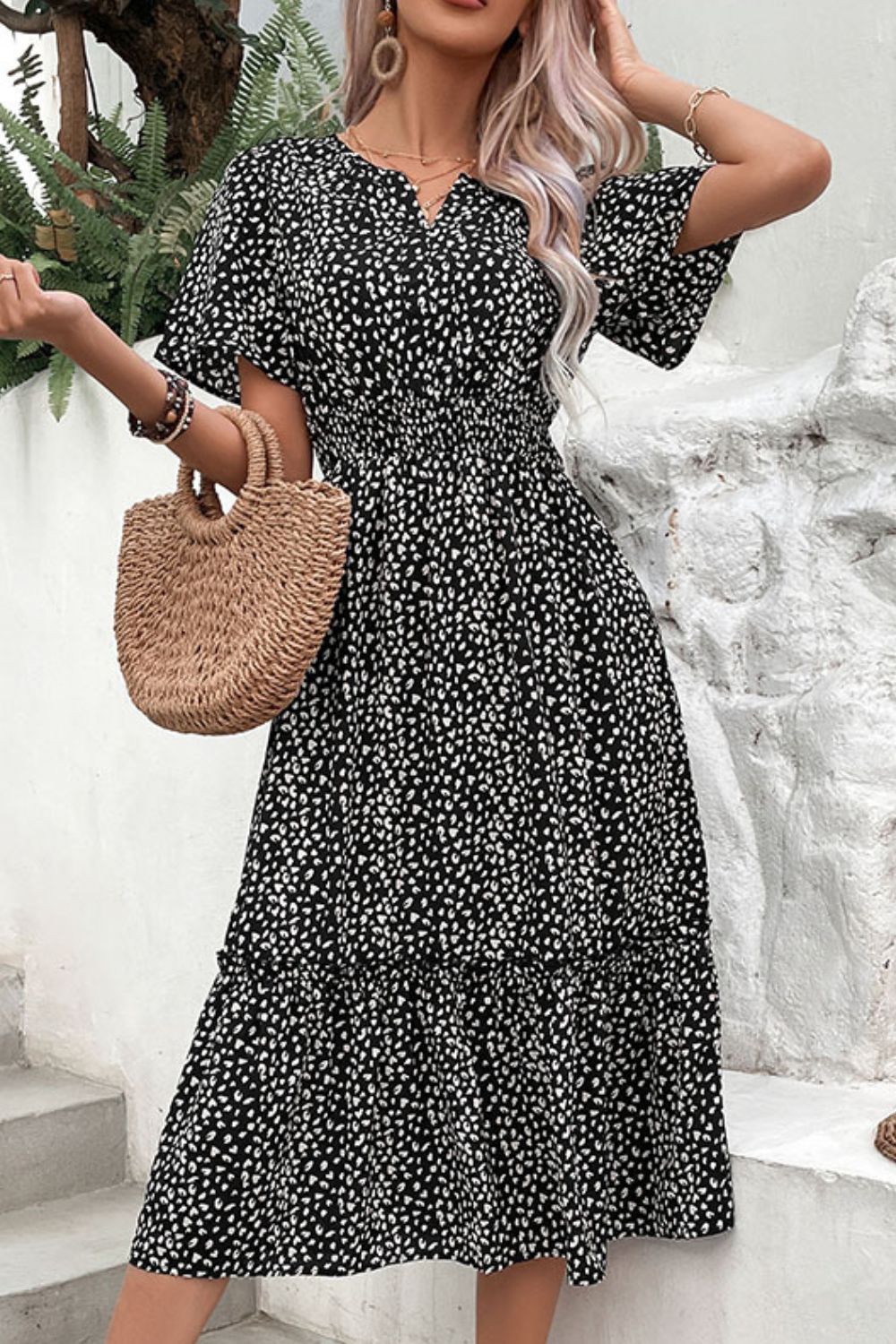 Leopard Print Short Sleeve Midi Dress BLUE ZONE PLANET