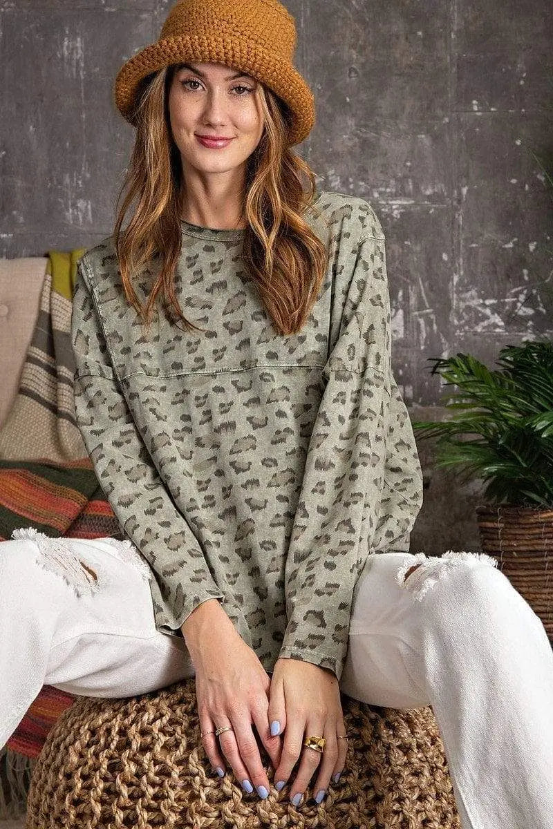 Leopard Printed Garment Dye Loose Fit Knit Top Blue Zone Planet