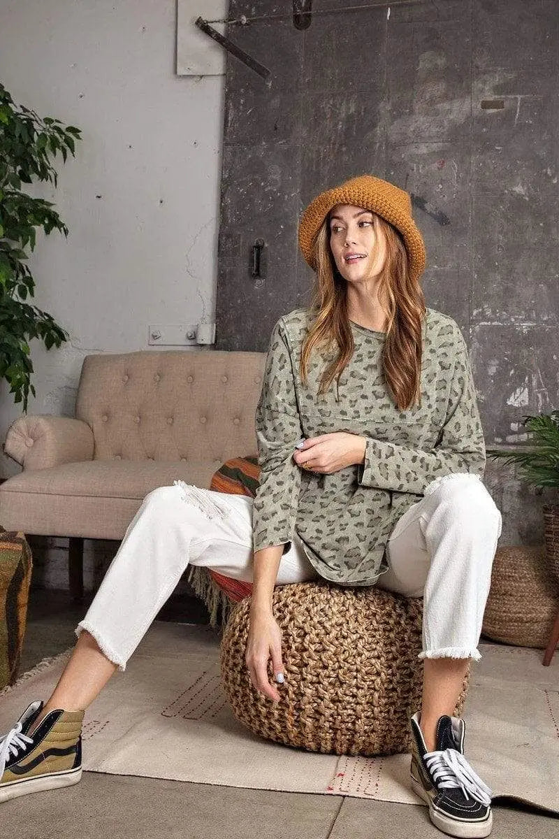 Leopard Printed Garment Dye Loose Fit Knit Top Blue Zone Planet