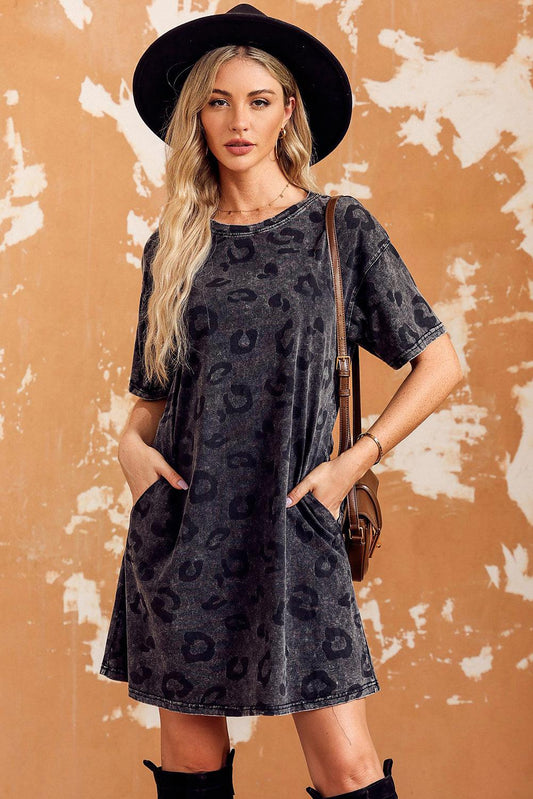 Leopard Round Neck Dropped Shoulder Dress with Pockets BLUE ZONE PLANET