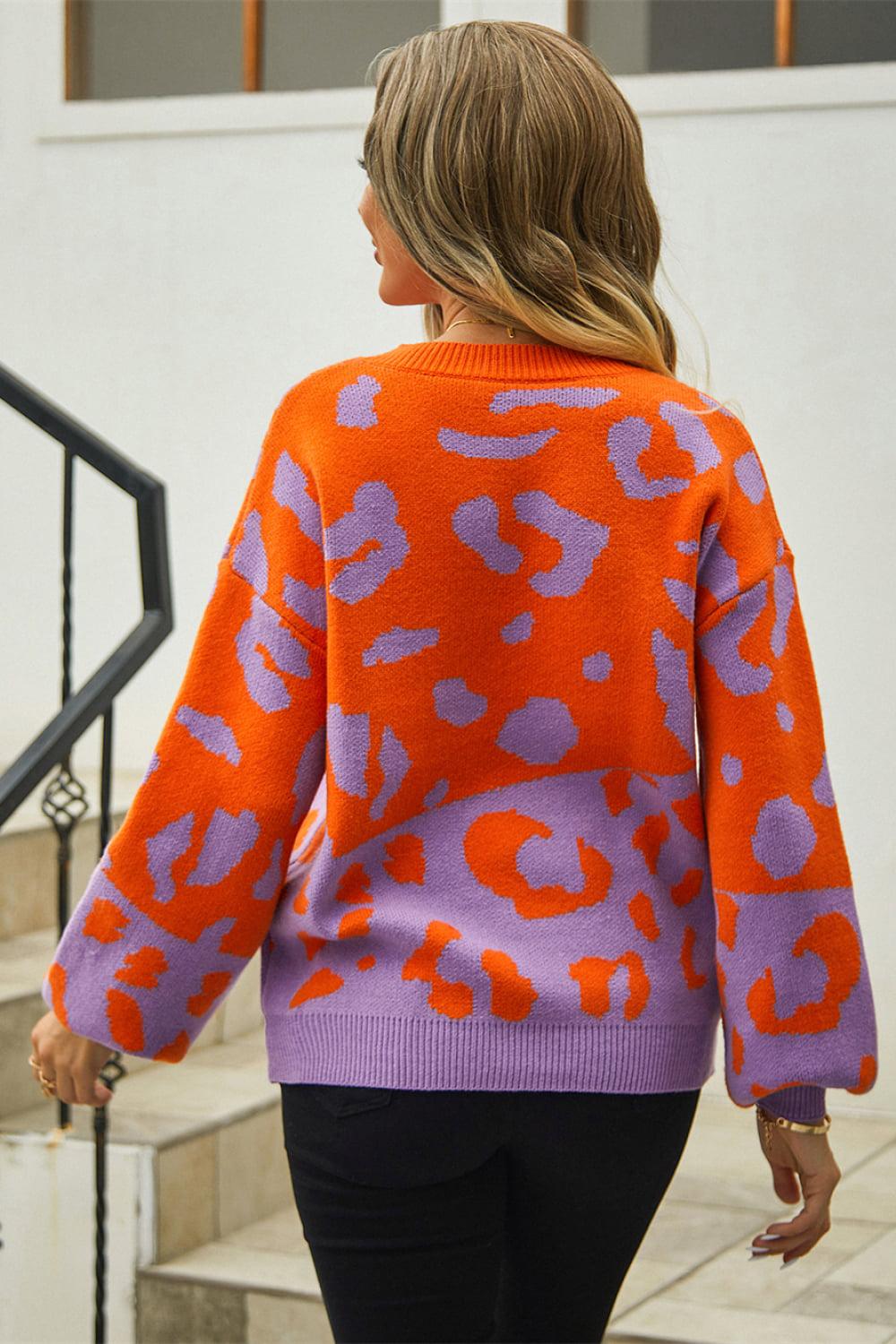 Leopard Round Neck Dropped Shoulder Sweater BLUE ZONE PLANET