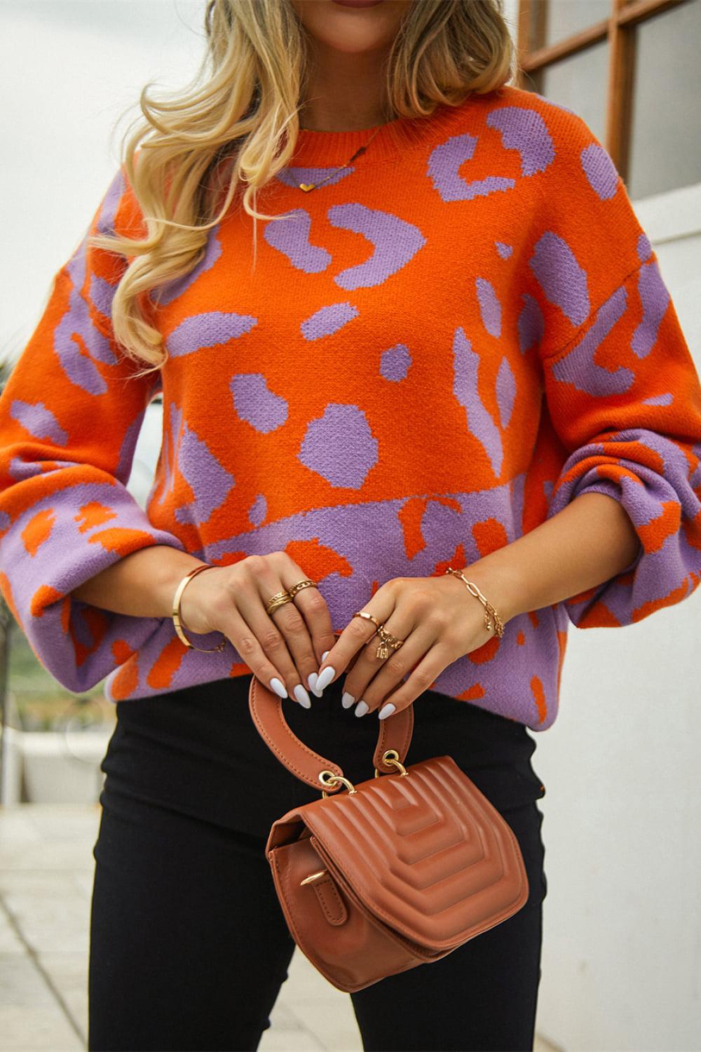 Leopard Round Neck Dropped Shoulder Sweater BLUE ZONE PLANET