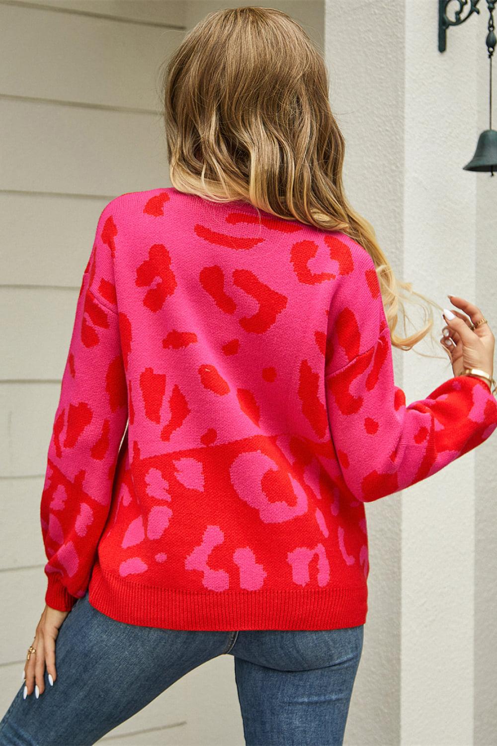 Leopard Round Neck Dropped Shoulder Sweater BLUE ZONE PLANET