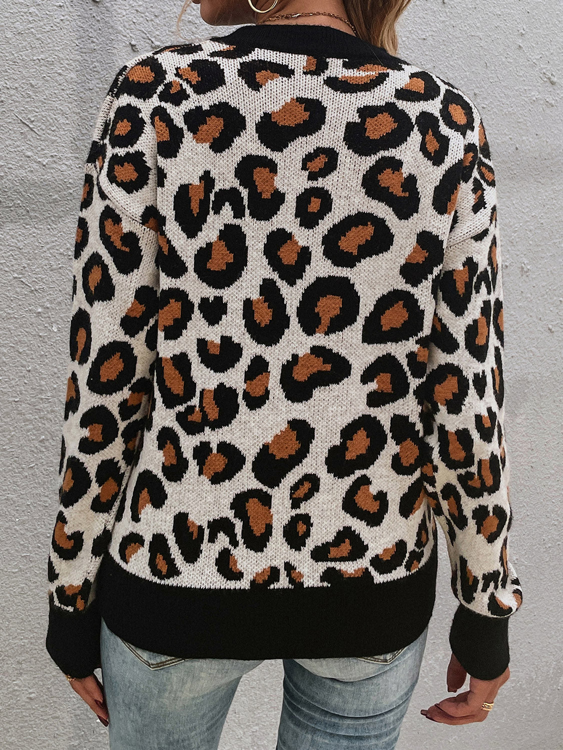Leopard Round Neck Dropped Shoulder Sweater BLUE ZONE PLANET